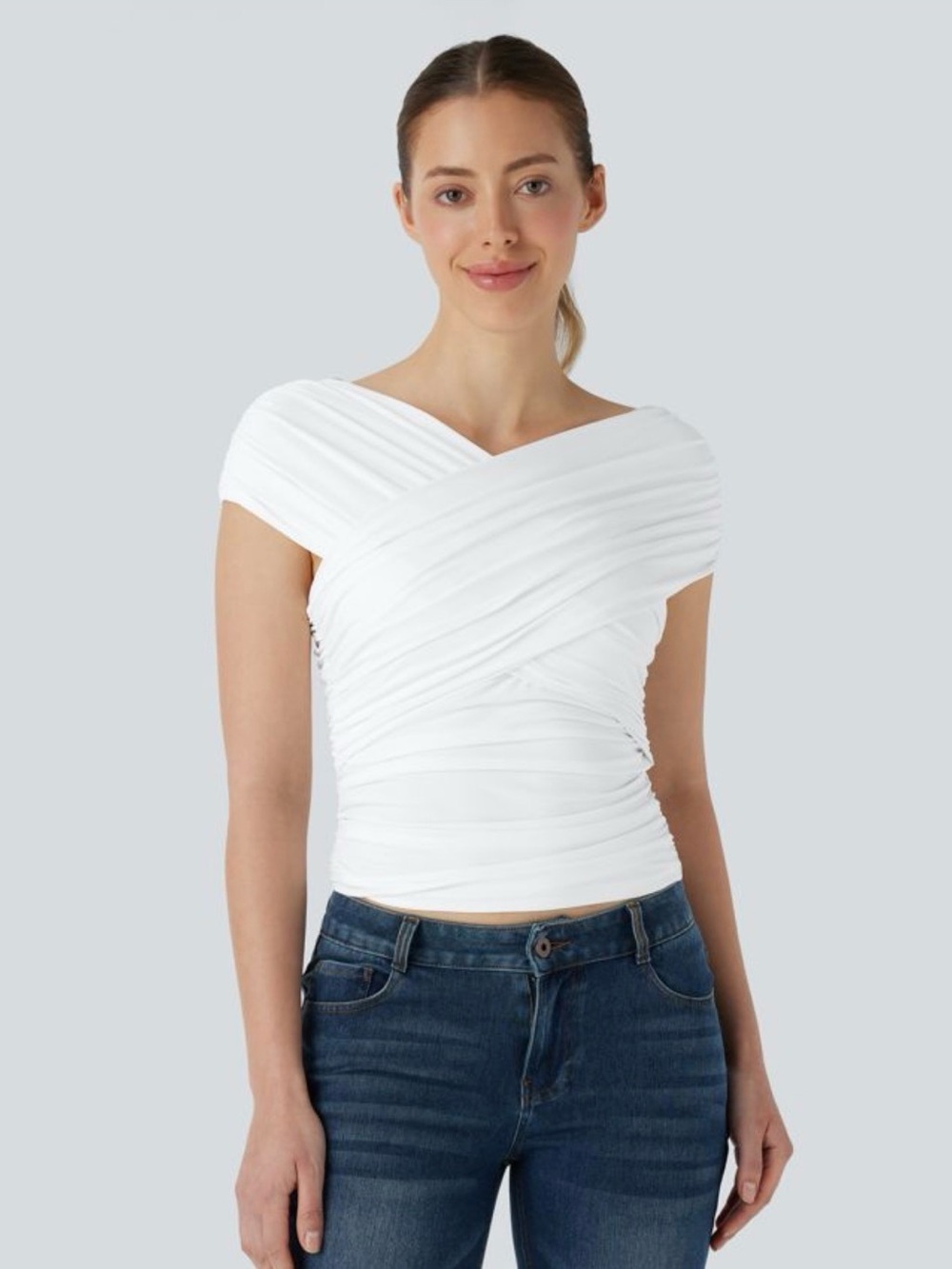 HALARA V Neck Cap Sleeve Crossover Ruched Skinny Casual Top